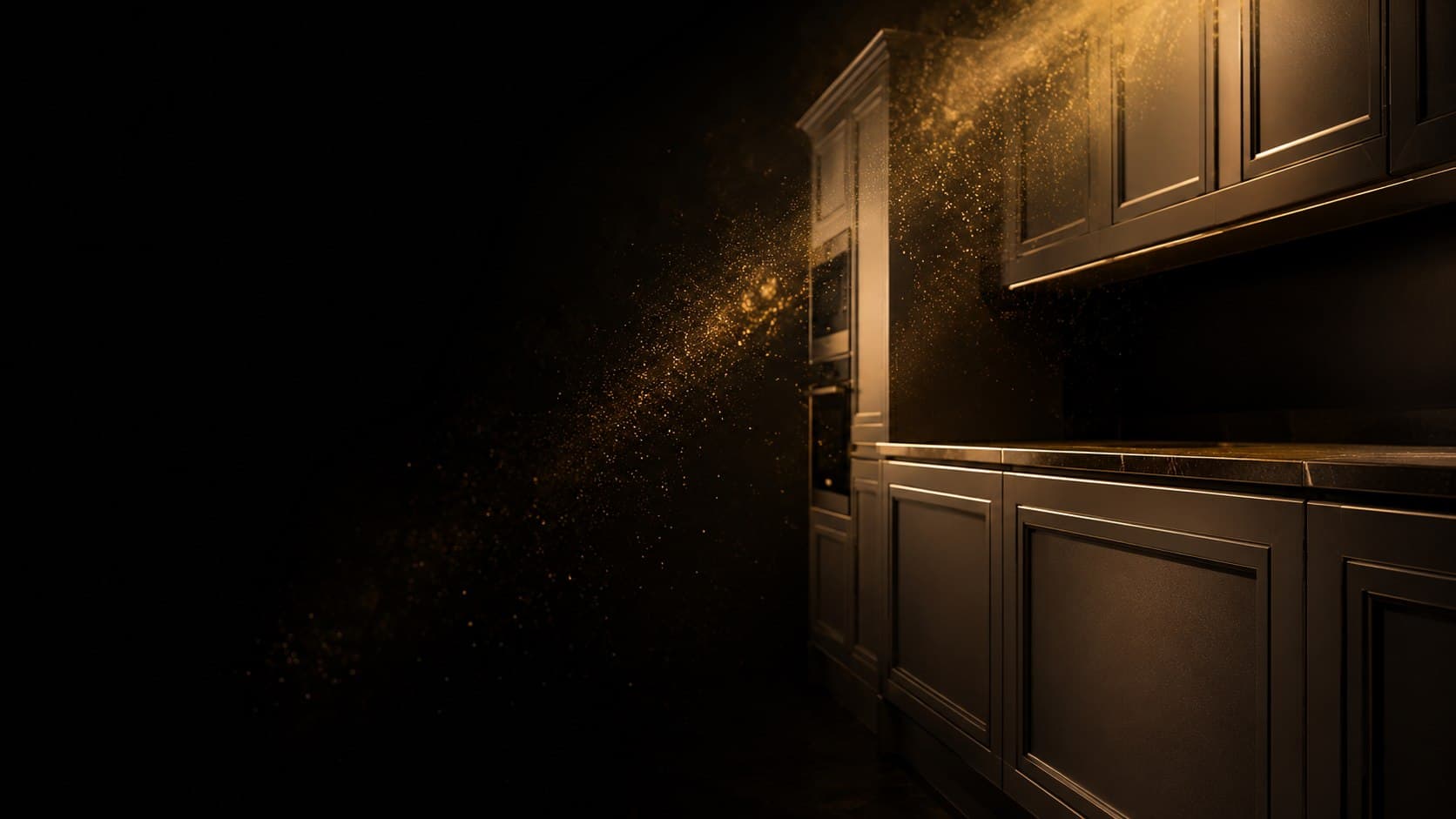 A modern fitted kitchen resprayed to a flawless satin finish, lit warmly against a dark studio backdrop